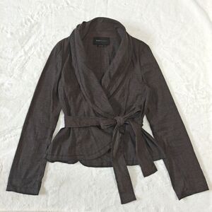 BCBGMaxAzria Medium Linen Cotton‎ Suit Wrap Tie Front Jacket Cardigan Gray Brown